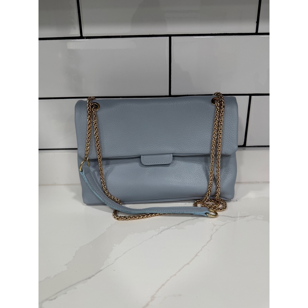 Borse in Pelle Italy‎ Dusty Blue Pebbled Leather Gold Chain Crossbody Bag